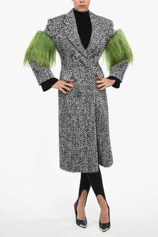 Herringbone Wool Blend Coat with Fur Details