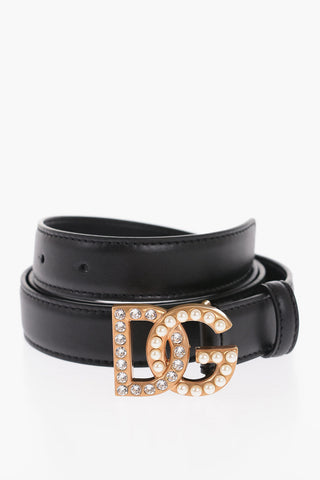 Leather Belt with Buckle Embellished with Beads and Rhinestones 25mm