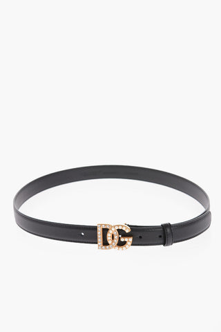 Leather Belt with Buckle Embellished with Beads and Rhinestones 25mm