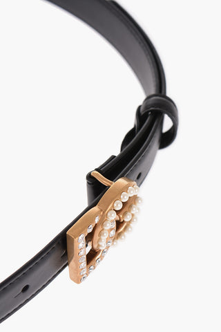 Leather Belt with Buckle Embellished with Beads and Rhinestones 25mm