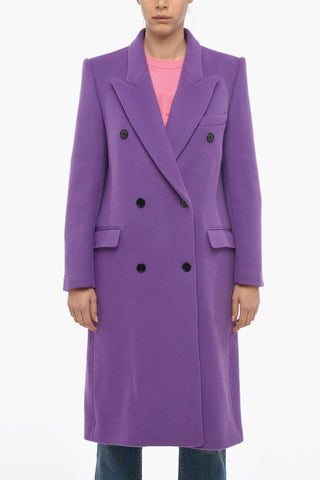 Virgin Wool Blend Double-Breasted Coat with Peak Lapel