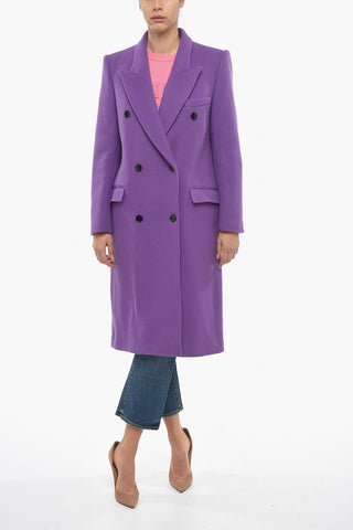 Virgin Wool Blend Double-Breasted Coat with Peak Lapel