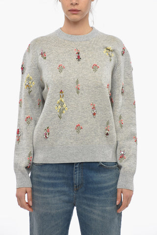 Crew Neck Wool Blend Sweater with Embroideries and Crystals