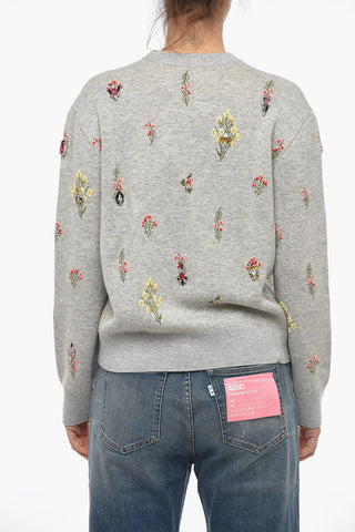 Crew Neck Wool Blend Sweater with Embroideries and Crystals