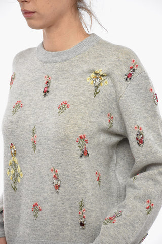 Crew Neck Wool Blend Sweater with Embroideries and Crystals