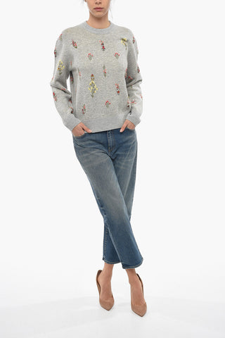 Crew Neck Wool Blend Sweater with Embroideries and Crystals