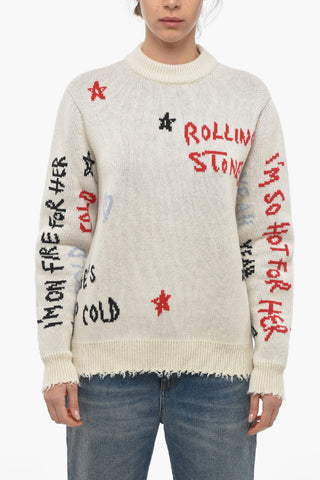 Crew Neck ROLLING STONES Sweater with Fringed Bottom