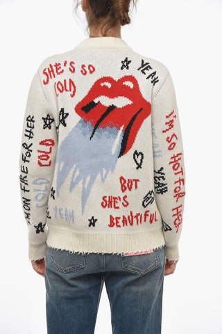 Crew Neck ROLLING STONES Sweater with Fringed Bottom