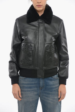Bomber in Pelle Con Colletto In Pelo Removibile E Tasche Ricamate