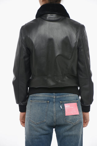 Bomber in Pelle Con Colletto In Pelo Removibile E Tasche Ricamate