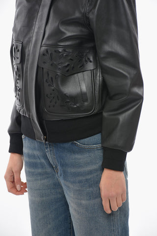 Bomber in Pelle Con Colletto In Pelo Removibile E Tasche Ricamate