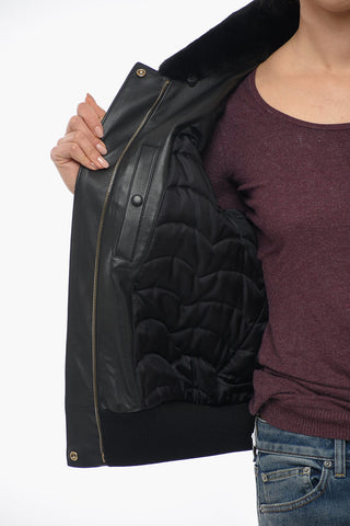 Bomber in Pelle Con Colletto In Pelo Removibile E Tasche Ricamate