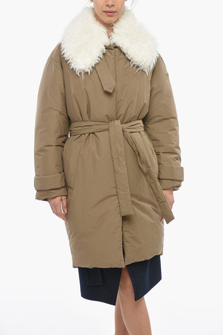 Belted Padded Parka With Removable Faux-Fur Collar