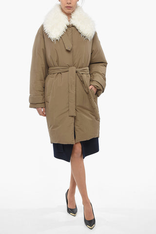 Belted Padded Parka With Removable Faux-Fur Collar