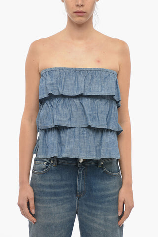 Cotton-chambray TOSCA Strapless Top with Flounces