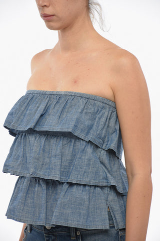 Cotton-chambray TOSCA Strapless Top with Flounces