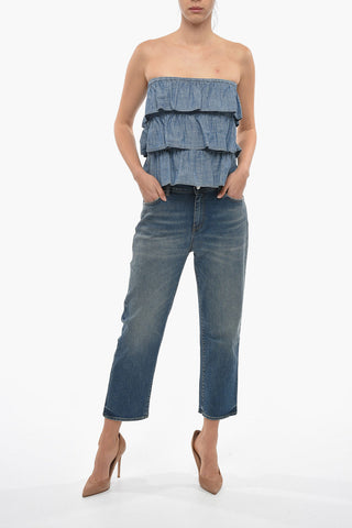 Cotton-chambray TOSCA Strapless Top with Flounces