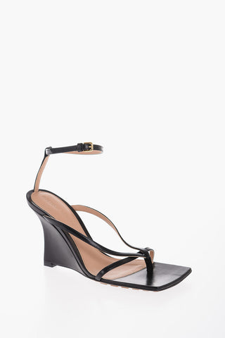 Sandali Ankle Strap in Pelle con Zeppa e Punta Quadrata 10cm