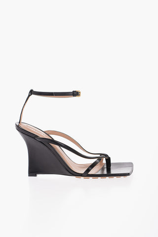 Sandali Ankle Strap in Pelle con Zeppa e Punta Quadrata 10cm