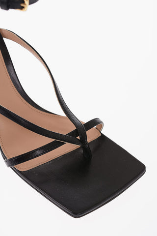 Sandali Ankle Strap in Pelle con Zeppa e Punta Quadrata 10cm