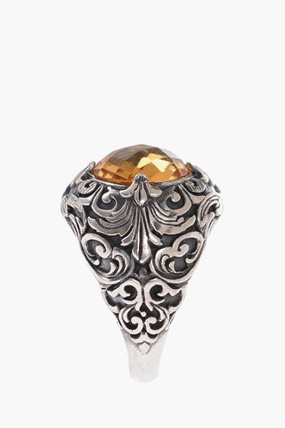 Baroque Motif Silver Ring with Central Stone