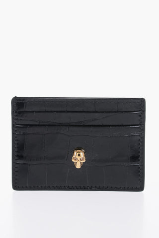 Crocodile Effect Patent Leather Card Holder with Golden Skull