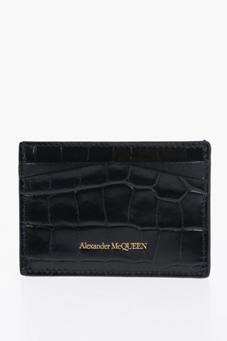 Crocodile Effect Patent Leather Card Holder with Golden Skull