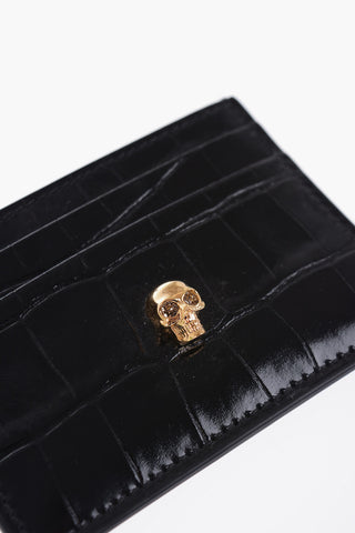 Crocodile Effect Patent Leather Card Holder with Golden Skull