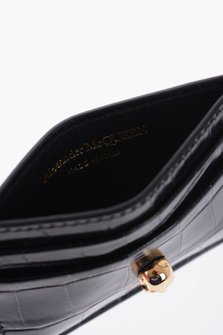 Crocodile Effect Patent Leather Card Holder with Golden Skull