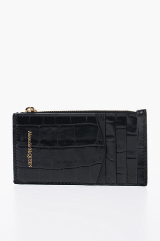 Crocodile Effect Leather Card Holder with Zip Closure