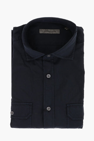 Solid Color Spread Collar Shirt with Double Breast Pocket
