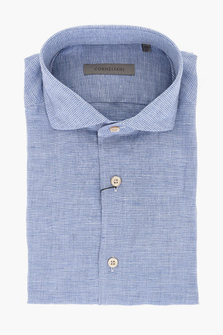 Camicia in Lino con Motivo Micro Pied de Poule