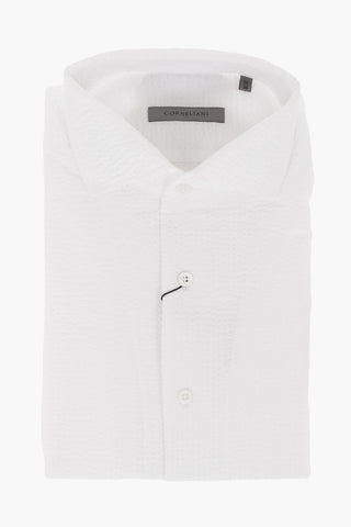 Camicia in Cotone Jacquard Effetto Bubble con Collo Francese