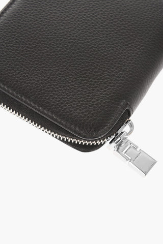 Textured Leather Wallet with Silver-Tone Logo and Zip Closure