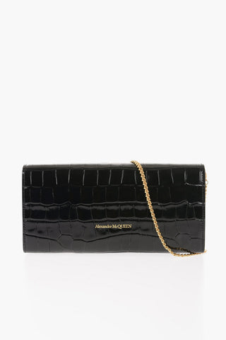 Crocodile Effect Leather Wallet with Golden Chain