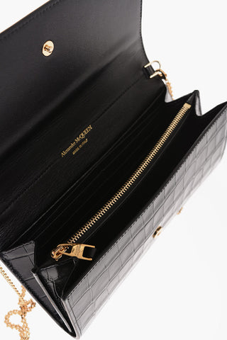 Crocodile Effect Leather Wallet with Golden Chain