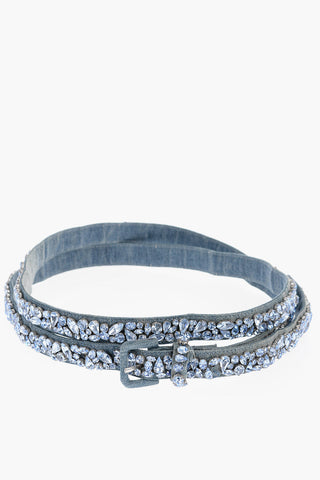 Cintura in Denim con Gioielli All-Over 25mm