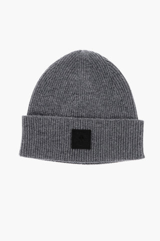 Ribbed Merino Wool Beanie with Contrasting Logo Patch