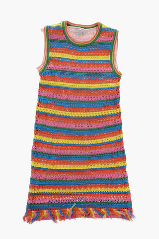 Vestito Girocollo in Crochet con Frange e Sottoveste Interna