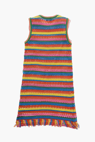 Vestito Girocollo in Crochet con Frange e Sottoveste Interna