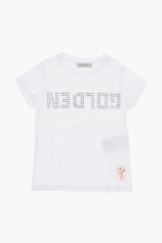 T-Shirt Girocollo in Tinta Unita con Logo Strass