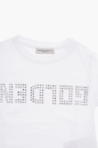 T-Shirt Girocollo in Tinta Unita con Logo Strass