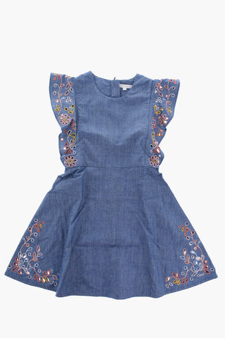 Vestito in Cotone Chambray con Dettagli Traforati e Manica Volant