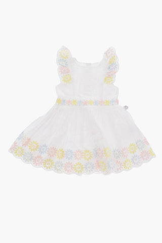 Flared Dress with Floral Embroideries and Ruffles