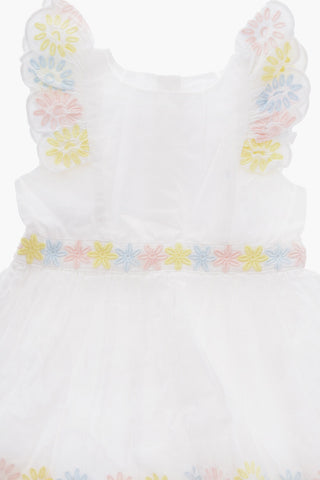 Flared Dress with Floral Embroideries and Ruffles