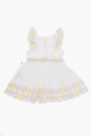 Flared Dress with Floral Embroideries and Ruffles