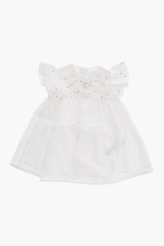 Solid Color Crew-neck Dress with Floral Broderie-Anglaise Details