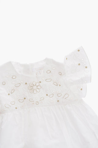 Solid Color Crew-neck Dress with Floral Broderie-Anglaise Details