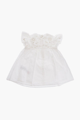 Solid Color Crew-neck Dress with Floral Broderie-Anglaise Details