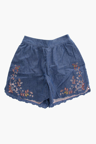 Chambray Cotton Shorts with Perforated Detail and Scalloped Edge